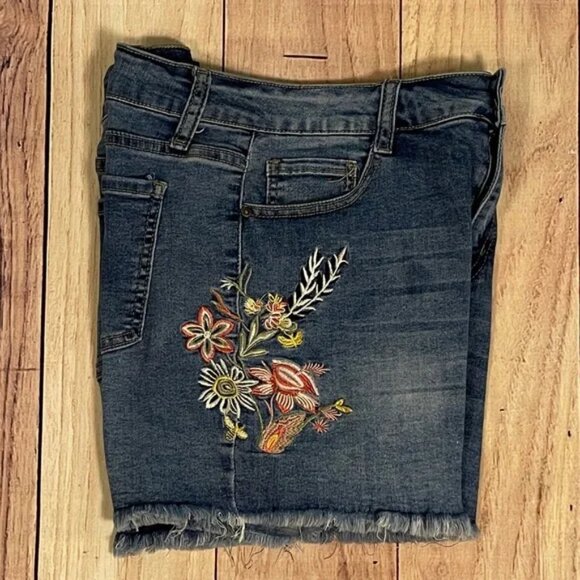 Cut Off Blue Jean Denim Shorts with Floral Embroidery and Distressed Hem - Picture 7 of 10